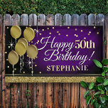 Glittery Purple and Gold Happy Birthday Banner<br><div class="desc">Fun banner sign for indoors or out,  featuring some glam metallic balloons and glittery confetti on a rich textured deep purple background for your personalised birthday banner.</div>