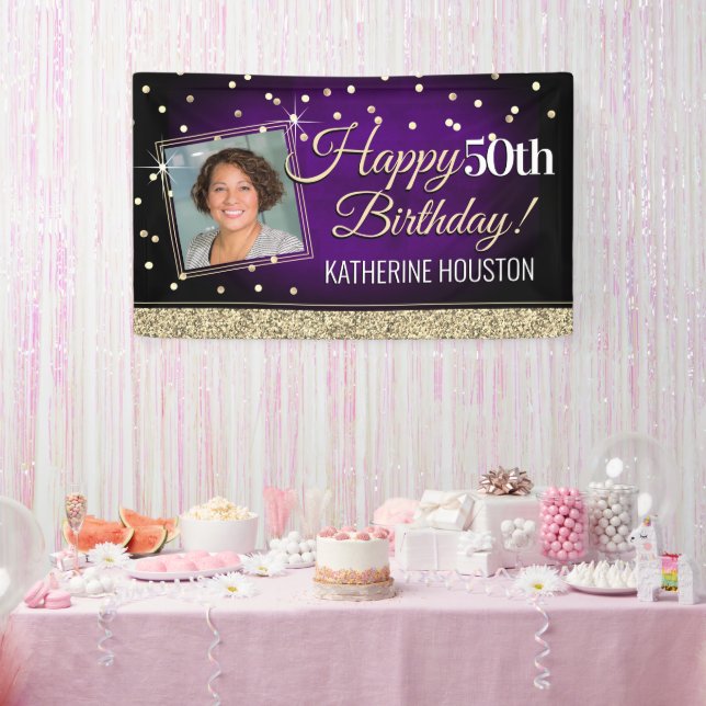 Glittery Purple and Gold Happy Birthday Banner (Party)