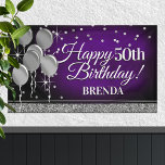 Glittery Purple and Silver Happy Birthday Banner<br><div class="desc">Fun banner sign for indoors or out,  featuring some glam metallic balloons and glittery confetti on a rich textured deep purple background for your personalised birthday banner.</div>