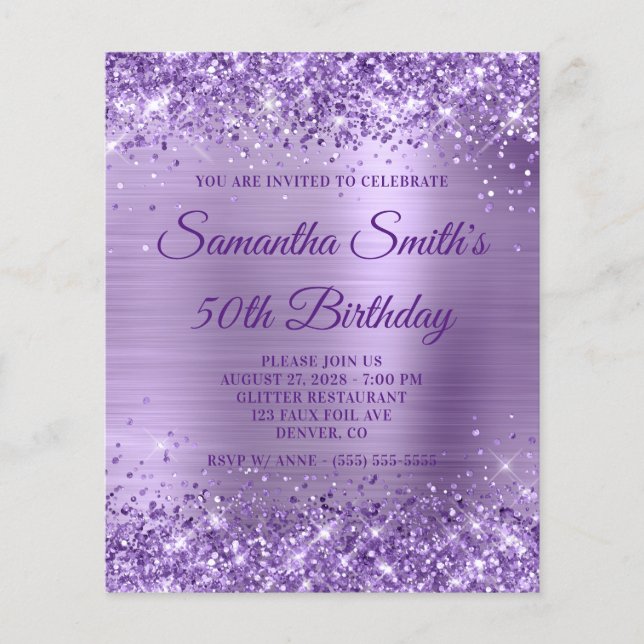 Glittery Purple Foil Monogram 50th Birthday Invite Flyer (Front)