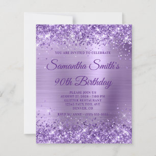 Glittery Purple Foil Monogram 90th Birthday Invite