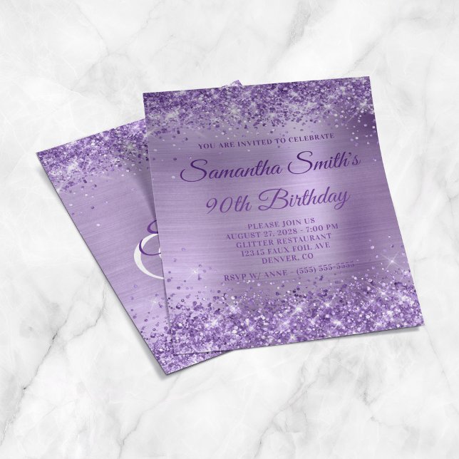 Glittery Purple Foil Monogram 90th Birthday Invite Flyer (Glittery Purple Foil Monogram 90th Birthday Invite Flyer)