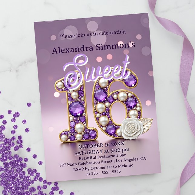 Glittery Purple Gemstone & Pearl Sweet 16 Birthday Invitation (Creator Uploaded)