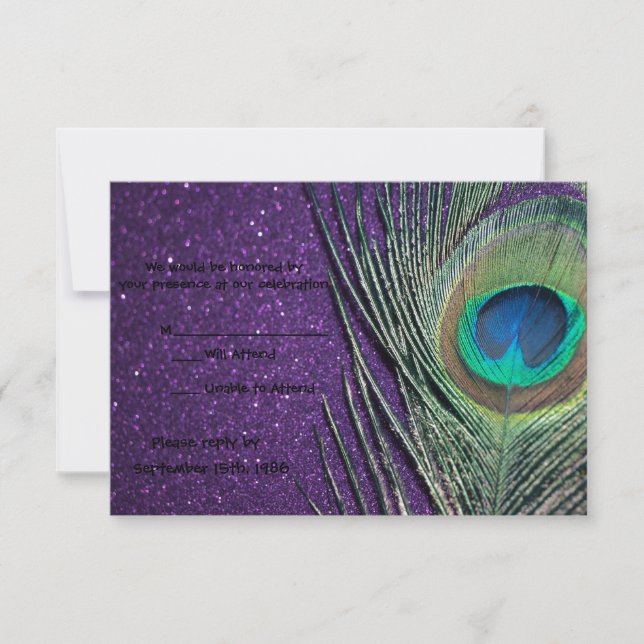 Glittery Purple Peacock Wedding RSVP Cards (Front)