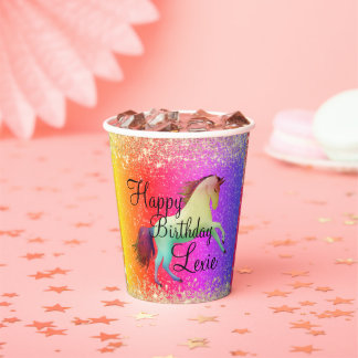 Glittery Rainbow Unicorn Birthday Paper Cups