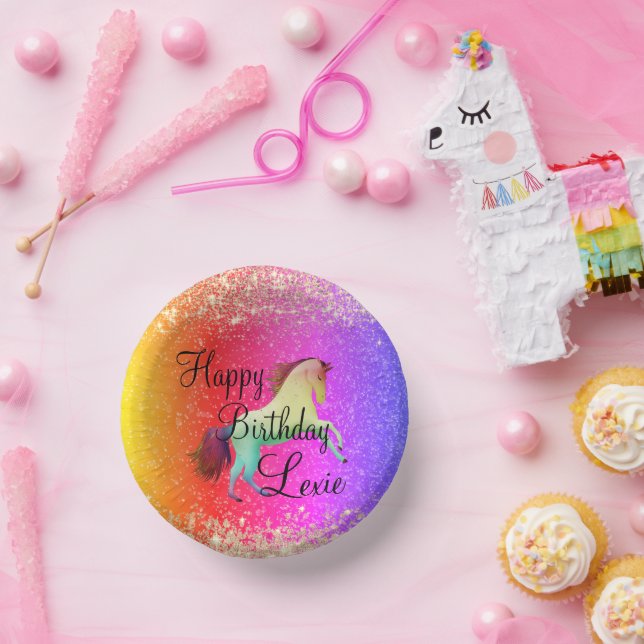 Glittery Rainbow Unicorn Birthday Paper Plate (Party)