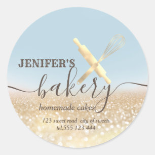 Glittery  rolling pin & whisk chef script bakery classic round sticker