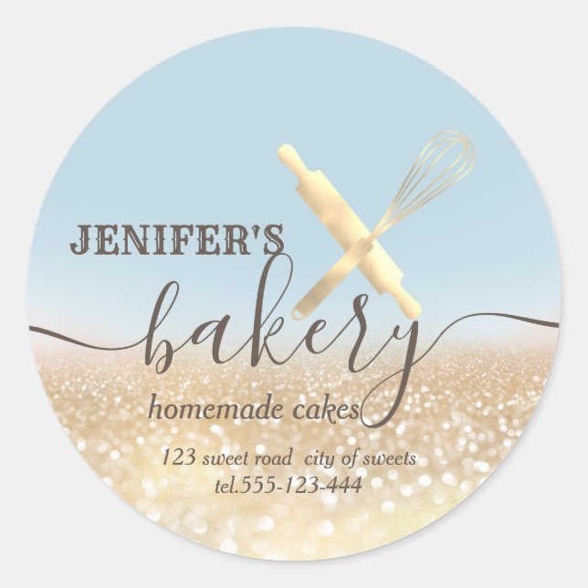 Glittery  rolling pin & whisk chef script bakery classic round sticker (Front)