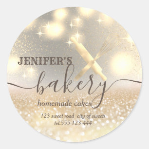 Glittery rolling pin & whisk chef script bakery classic round sticker