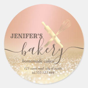 Glittery rolling pin & whisk chef script bakery classic round sticker
