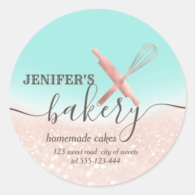 Glittery  rolling pin & whisk chef script bakery classic round sticker (Front)