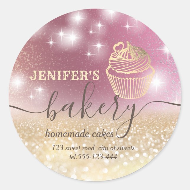 Glittery  rolling pin & whisk chef script bakery classic round sticker (Front)