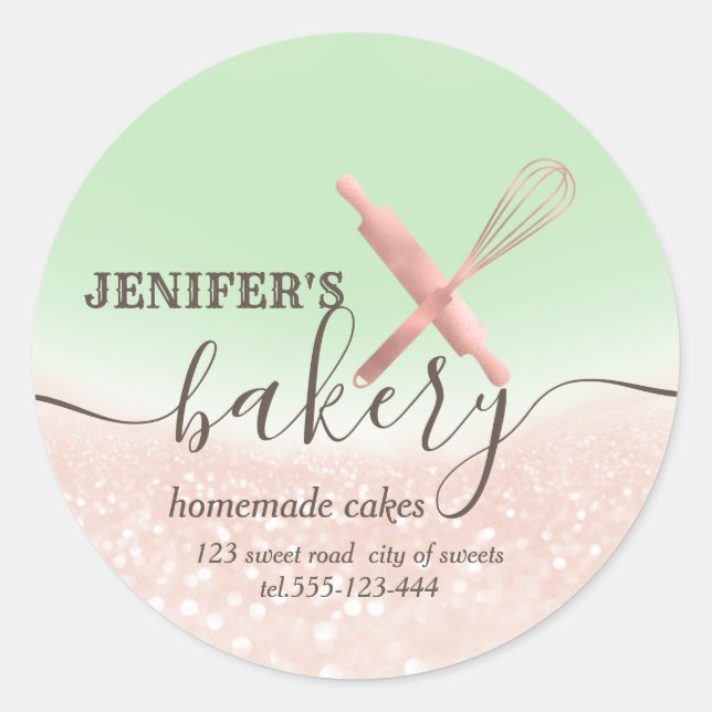 Glittery  rolling pin & whisk chef script bakery classic round sticker (Front)