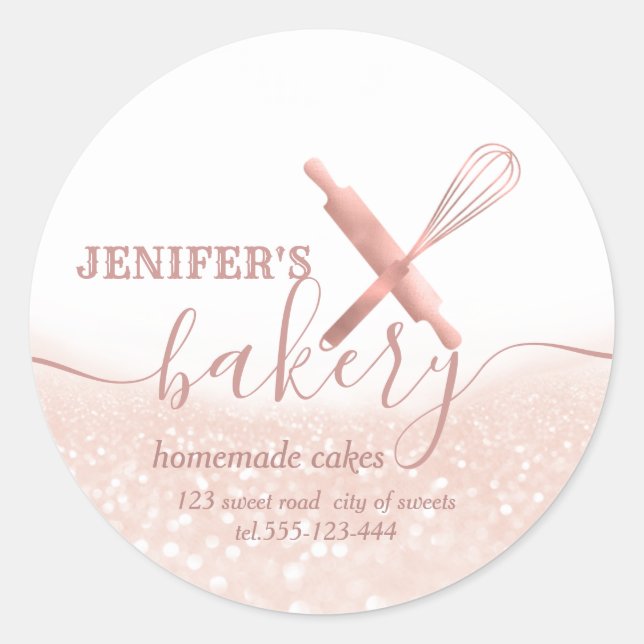 Glittery  rolling pin & whisk chef script bakery classic round sticker (Front)