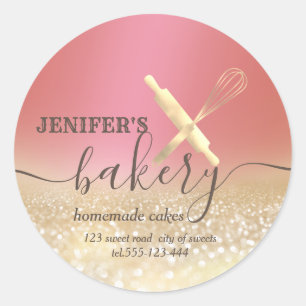 Glittery  rolling pin & whisk chef script bakery classic round sticker
