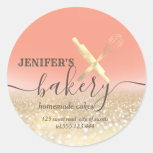 Glittery  rolling pin & whisk chef script bakery classic round sticker