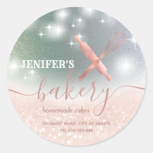 Glittery rolling pin & whisk chef script bakery classic round sticker