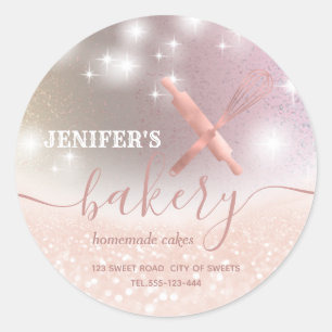 Glittery  rolling pin & whisk chef script bakery classic round sticker