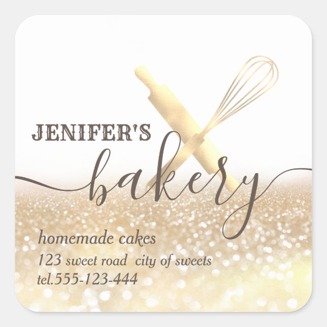 Glittery  rolling pin & whisk chef script bakery square sticker (Front)