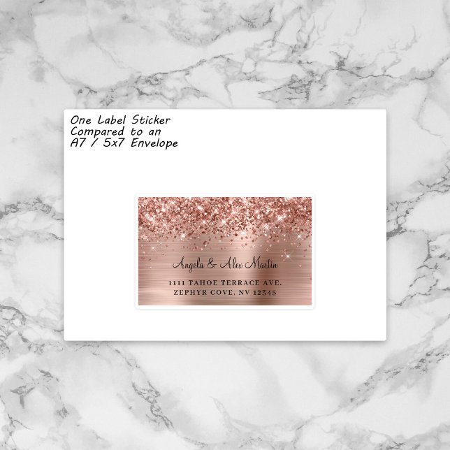 Glittery Rose Gold 15 Guest Wedding Address Labels (Sample Sticker from Sheet against 5x7 Envelope)