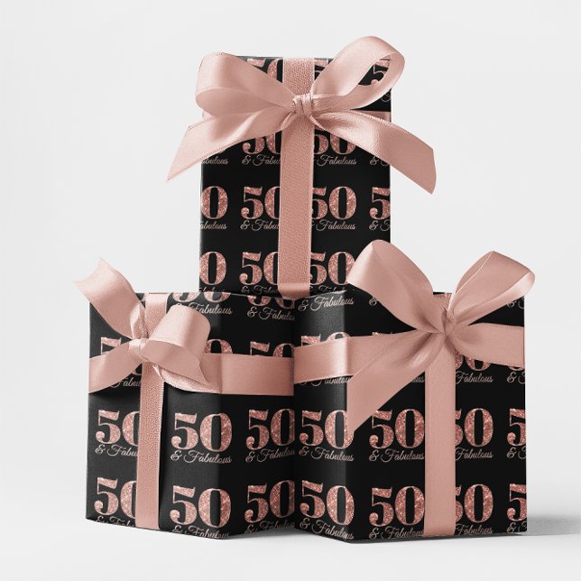 Glittery Rose Gold 50 & Fabulous on Black Wrapping Paper (Glittery Rose Gold 50 & Fabulous on Black Wrapping Paper)