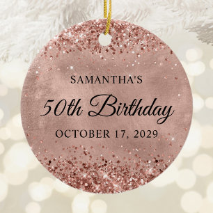 Glittery Rose Gold 50th Birthday Ceramic Tree Decoration