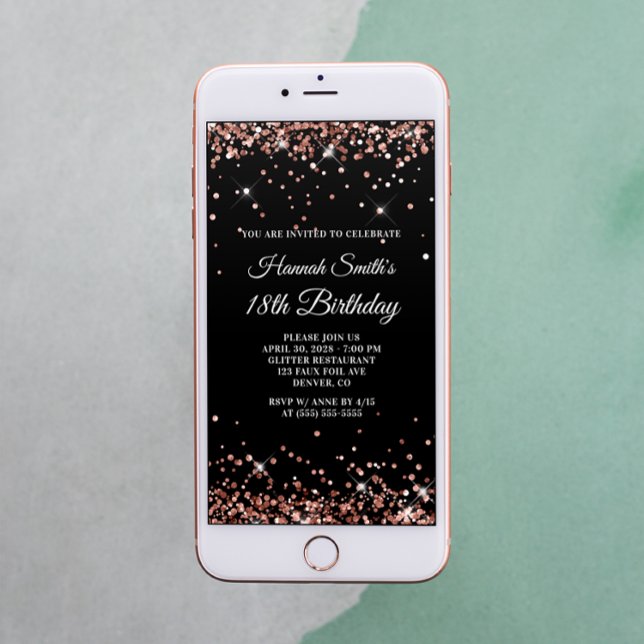 Glittery Rose Gold and Black 18th Birthday Invitation (Creator Uploaded)
