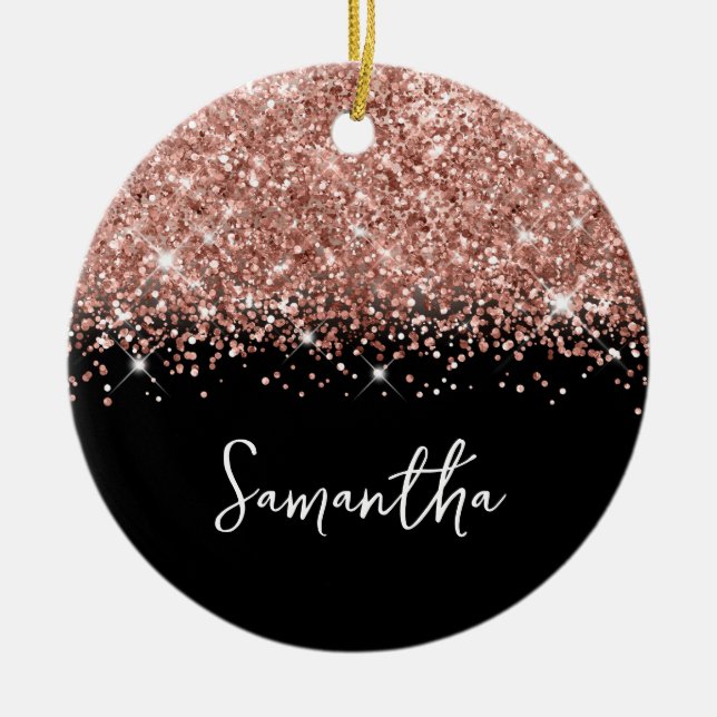 Glittery Rose Gold and Black Glam Name Ceramic Tree Decoration (Front)