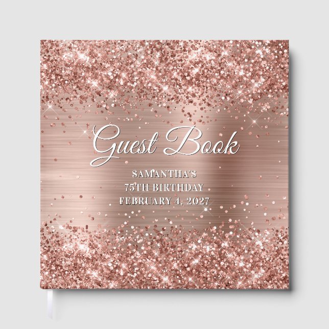 Glittery Rose Gold and White 75th Birthday Guest Book (Front)