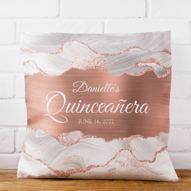 Glittery Rose Gold and White Agate Quinceañera Cushion (Glittery Rose Gold and White Agate Quinceañera Throw Pillow)