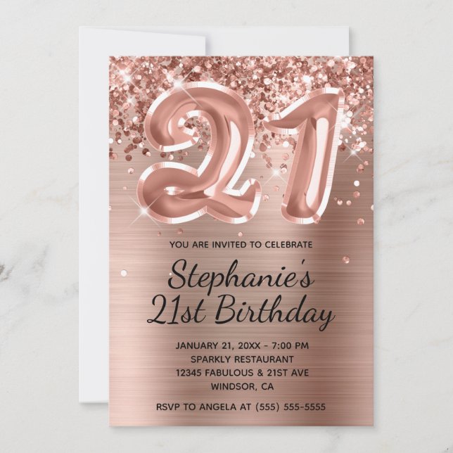 Glittery Rose Gold Balloon 21st Birthday Invitation (Front)