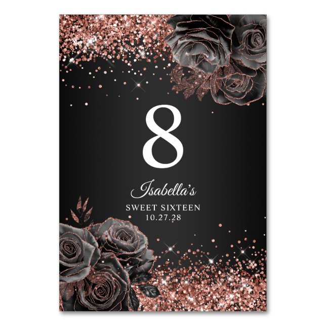 Glittery Rose Gold Black Floral Glam Sweet Sixteen Table Number (Front)