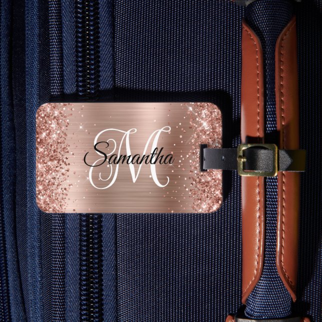 Glittery Rose Gold Curly Monogram Luggage Tag (Front Insitu 4)