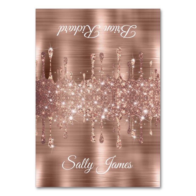 Glittery Rose Gold Drips Two Name Place Cards (Front)