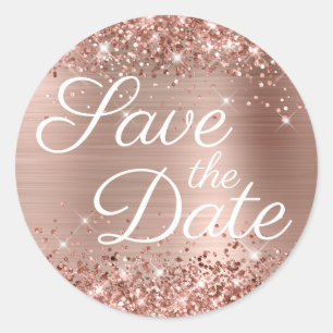 Glittery Rose Gold Elegant Save the Date Classic Round Sticker