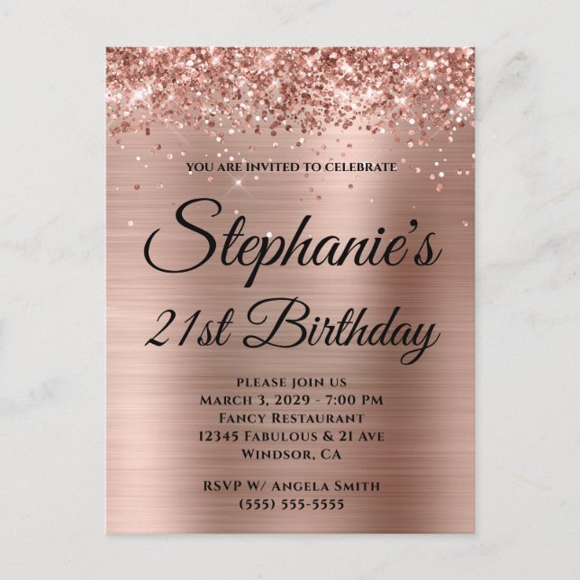 Glittery Rose Gold Fancy Monogram 21st Birthday Invitation Postcard (Front)
