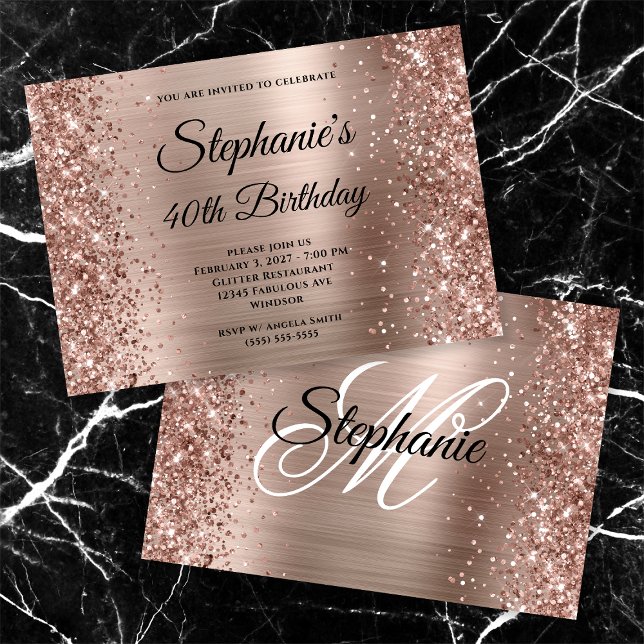 Glittery Rose Gold Fancy Monogram 40th Birthday Invitation (Creator Uploaded)