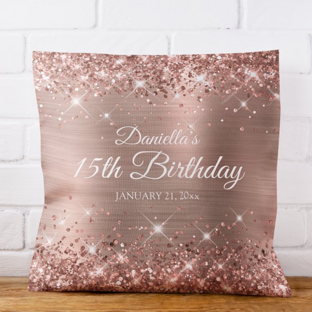 Glittery Rose Gold Foil 15th Birthday Cushion (Glittery Rose Gold Foil 15th Birthday Throw Pillow)