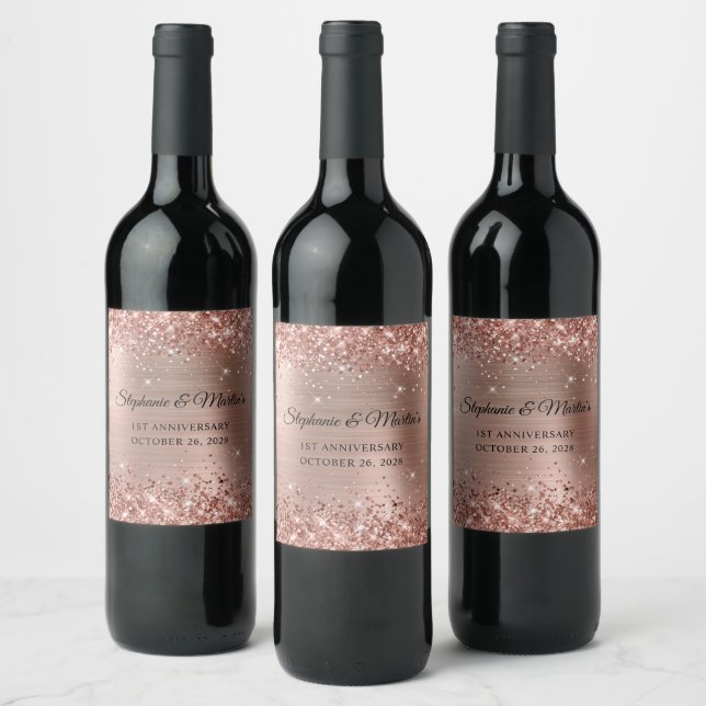 Glittery Rose Gold Foil 1st Wedding Anniversary Wine Label (Bottles)