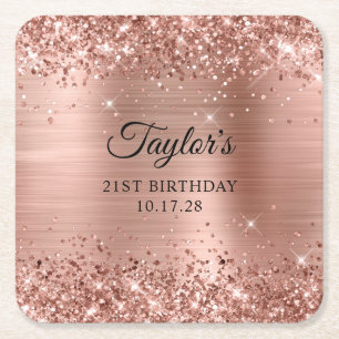 Glittery Rose Gold Foil 21st Birthday Square Paper Coaster