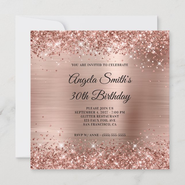 Glittery Rose Gold Foil 30th Birthday Invitation (Front)