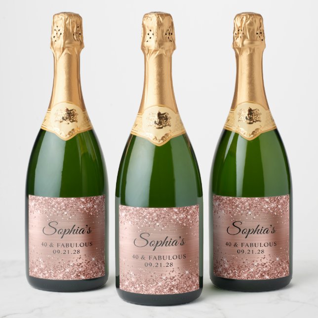 Glittery Rose Gold Foil 40 & Fabulous Sparkling Wine Label (Bottles)