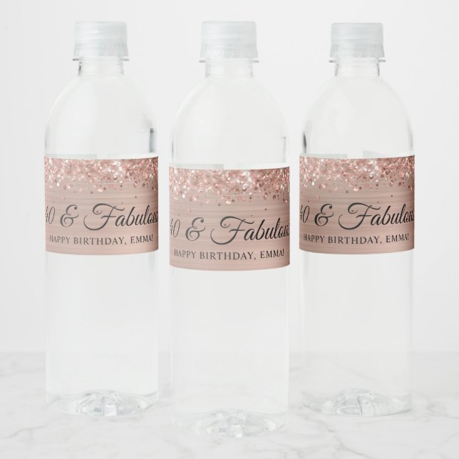 Glittery Rose Gold Foil 40 & Fabulous Water Bottle Label (Bottles)