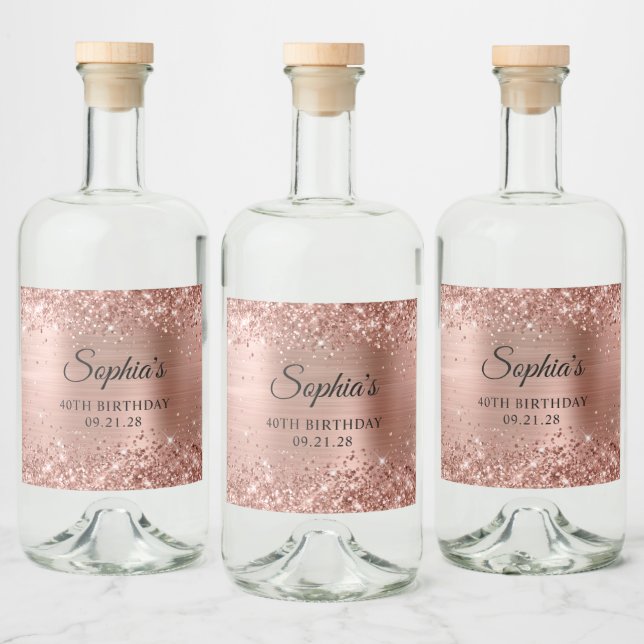 Glittery Rose Gold Foil 40th Birthday Liquor Bottle Label (Bottles)