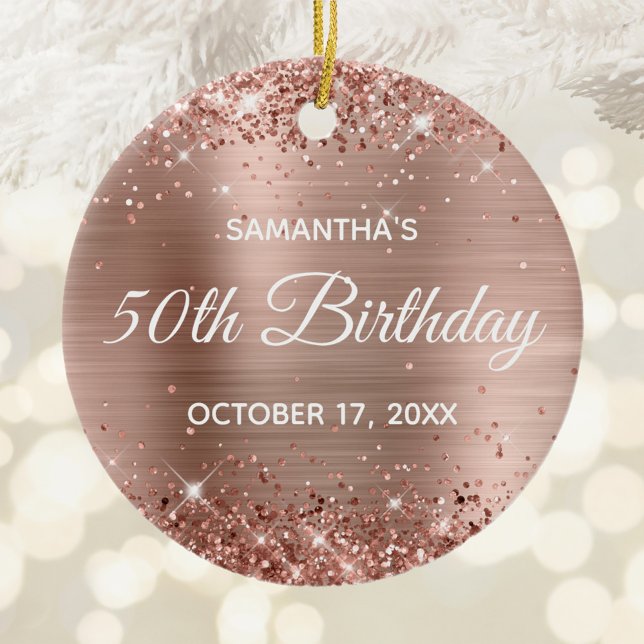 Glittery Rose Gold Foil 50th Birthday Ceramic Tree Decoration (Glittery Rose Gold 50th Birthday Circle Ceramic Ornament)