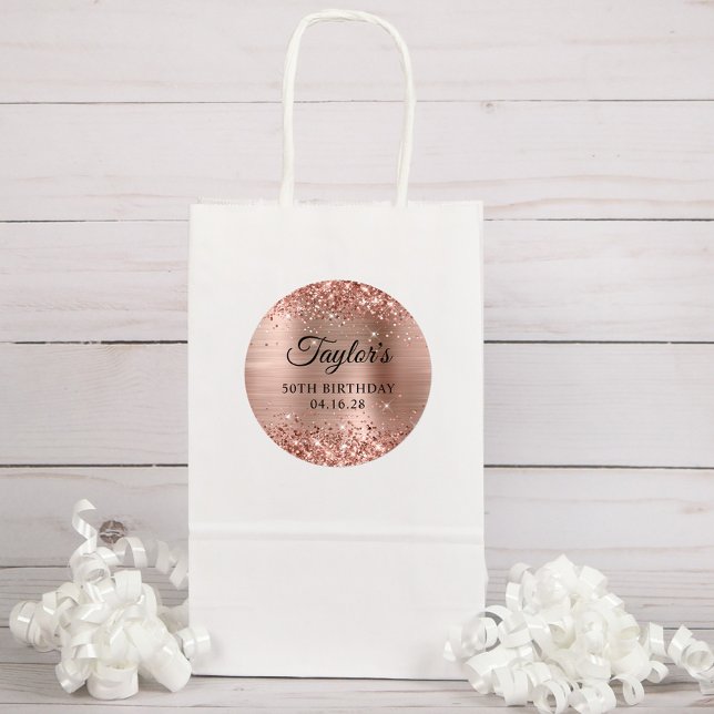 Glittery Rose Gold Foil 50th Birthday Classic Round Sticker (Glitter Rose Gold Favor Bag Sticker)