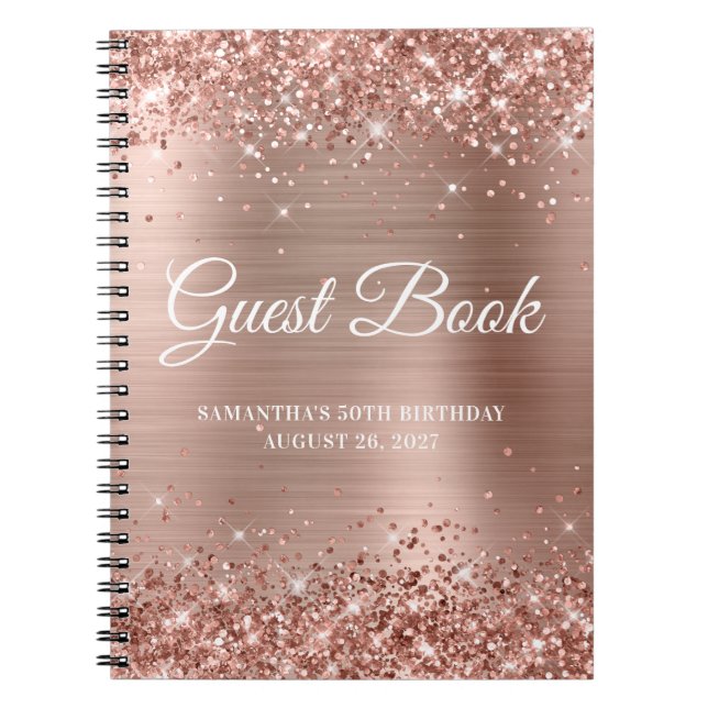 Glittery Rose Gold Foil 50th Birthday Guestbook Notebook (Front)