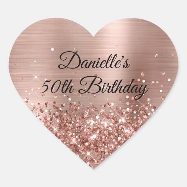 Glittery Rose Gold Foil 50th Birthday Heart Sticker (Front)