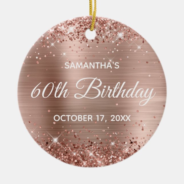 Glittery Rose Gold Foil 60th Birthday Ceramic Tree Decoration (Front)