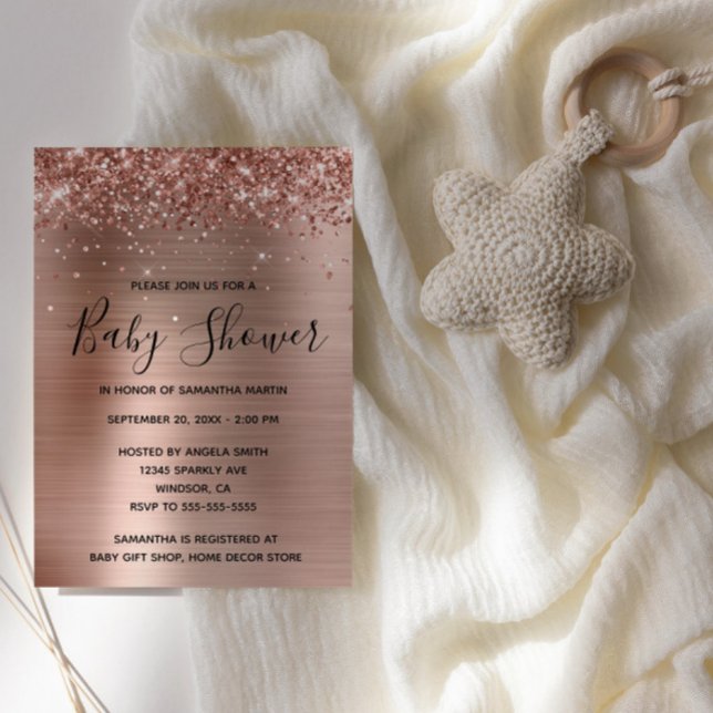 Glittery Rose Gold Foil Baby Shower Invitation (Rose Gold Glitter Glam Baby Shower Invite)